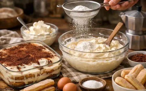 Préparation d'un tiramisu : on tamise de la farine sur un mascarpone trop liquide. Des biscuits à la cuillère, des œufs et du cacao sont disposés autour.
