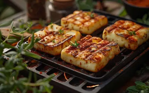 Halloumi grillé, parsemé d'épices, sur une grille avec des flammes en dessous. Un délice croustillant, parfait pour l'air fryer.
