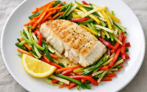 Filet de julienne poêlé, servi avec un mélange coloré de légumes coupés en julienne et un quartier de citron.
