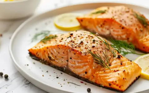 Deux pavés de saumon au four, assaisonnés de poivre et d'aneth, servis avec des tranches de citron sur une assiette blanche.
