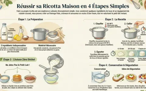 Recette ricotta maison : lait, citron, sel. Chauffer, cailler, égoutter. Conserver 2-4 jours. Déguster sur toasts, pâtes, dessert.