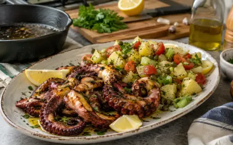 Délicieux poulpe au barbecue, grillé à la perfection, servi avec une salade de pommes de terre, tomates et câpres. Un vrai régal !