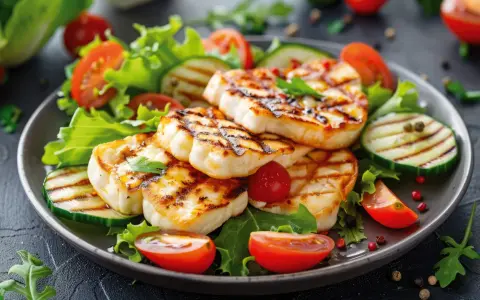 Assiette de halloumi grillé, tomates cerises, concombre et salade verte. Un délice estival.