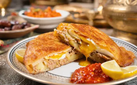 Un délicieux brick à l'oeuf, garni de thon et de pommes de terre, coule de sa sauce onctueuse. Servi avec du citron et une sauce piquante.