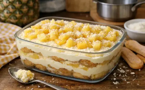 Un délicieux tiramisu ananas, superposant biscuits, crème onctueuse et morceaux d'ananas frais, saupoudré de noix de coco râpée.