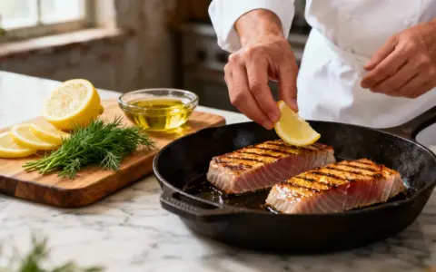 Un chef ajoute une tranche de citron sur du thon frais grillé dans une poêle. Une recette simple et savoureuse.