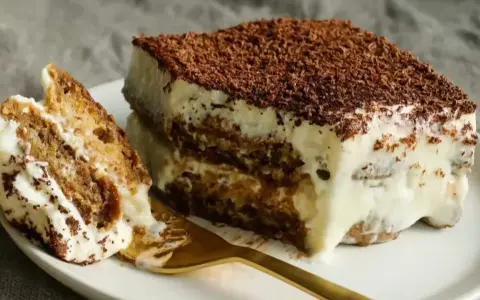 Un morceau de tiramisu, dessert aux origines italiennes, avec ses couches de biscuits imbibés et de crème onctueuse, saupoudré de cacao.