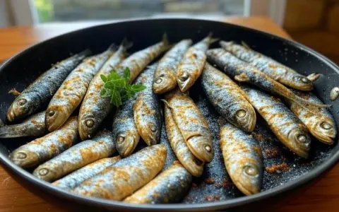 Sardines dorées et assaisonnées dans une poêle, prêtes pour une délicieuse recette sardine. Une touche de persil frais pour la garniture.