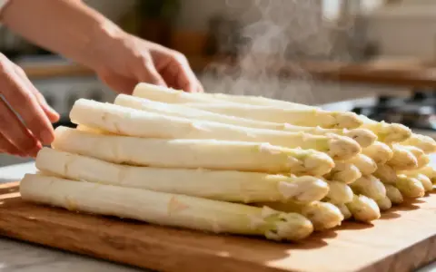 Une pile d'asperges blanches poêlées dégage de la vapeur sur une planche à découper en bois. Des mains ajustent délicatement les légumes.