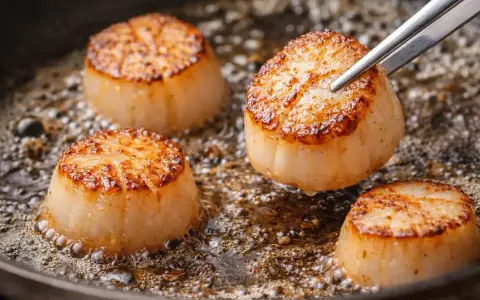 Quatre belles coquilles Saint-Jacques poêlées dans une poêle, dorées et juteuses, prêtes à être dégustées.