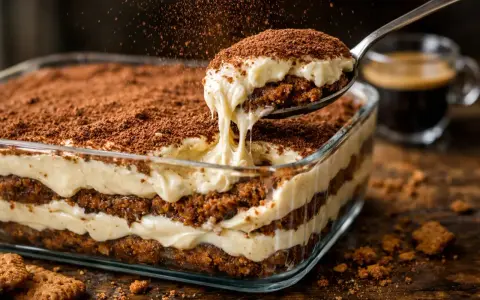 Une cuillère de tiramisu crémeux, saupoudré de cacao, sort d'un plat en verre. Des biscuits tiramisu sont à côté.