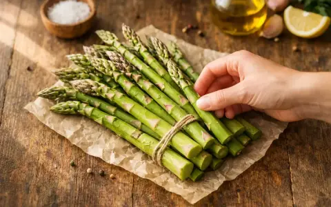 Un bouquet d'asperges vertes fraîches, prêt pour une délicieuse recette. Huile d'olive, citron et ail en arrière-plan.