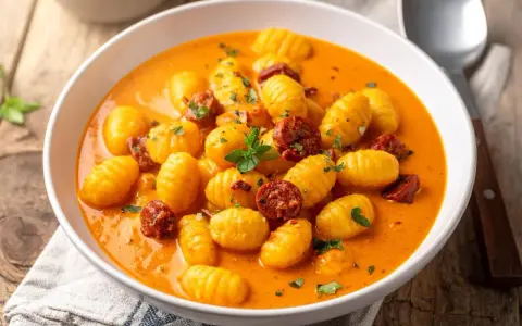 Gnocchi crémeux baignant dans une sauce onctueuse, parsemés de morceaux savoureux de chorizo et d'herbes fraîches. Un délice réconfortant.