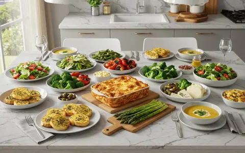 Un festin italien avec une lasagne dorée, des salades fraîches, des légumes croquants et des toasts à l'ail. Un accompagnement lasagne parfait pour un repas convivial.