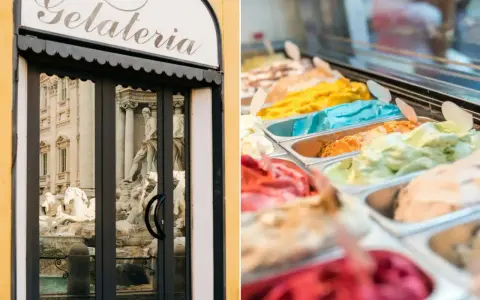Devant une gelateria romaine, des bacs de glaces italiennes aux couleurs vives invitent à la dégustation.