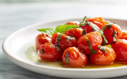 Tomates cerises confites, une recette simple et savoureuse, garnies de basilic frais sur une assiette blanche.