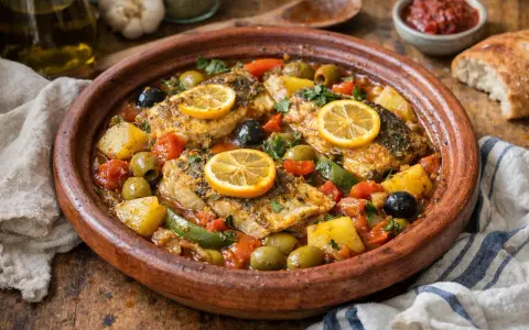 Un savoureux tajine de poisson aux olives, tomates, pommes de terre et rondelles de citron, garni de persil frais.