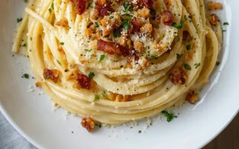 Un plat de pâtes carbonara végétariennes, garni de chapelure croustillante et de persil frais.