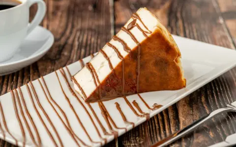 Tranche de san sebastian cheesecake, généreusement arrosée de sauce chocolat, sur une assiette blanche, avec une tasse de café en arrière-plan.