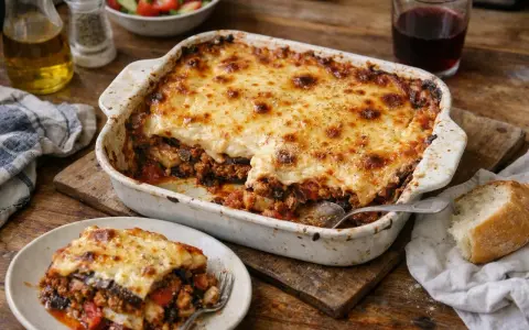 Un plat de moussaka gratinée, prêt à être dégusté. Une portion est servie sur une assiette, accompagnée de pain et d'une salade.