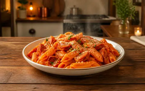 Un plat fumant de pâtes penne avec une sauce crémeuse et des rondelles de chorizo épicé, saupoudré de persil frais et de parmesan. Un délice de pâtes au chorizo.