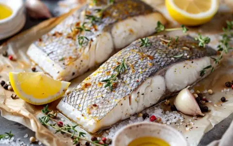 Deux filets de loup de mer cuits, parsemés d'herbes et de poivre, avec des quartiers de citron, de l'ail et de l'huile d'olive.