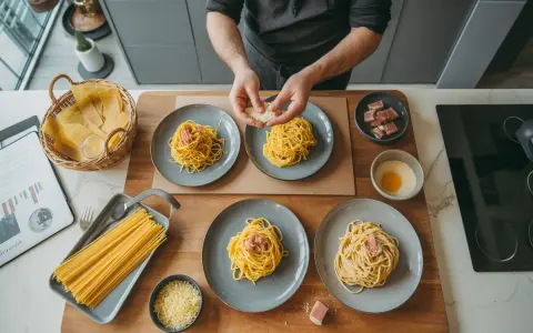 Préparation de la carbonara : des spaghetti sont dressés sur des assiettes, avec du guanciale, des œufs et du parmesan. Quelles pâtes pour carbonara ? Les spaghetti sont parfaits !