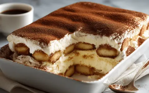 Un délicieux tiramisu sans alcool, crémeux et généreusement saupoudré de cacao, prêt à être dégusté avec une tasse de café.