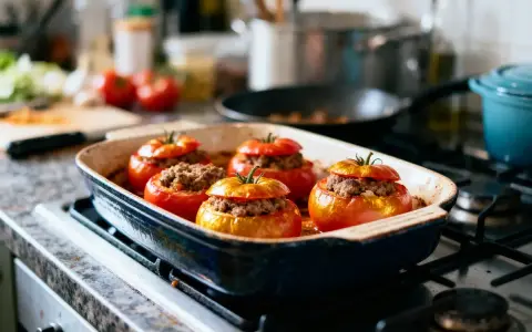 Cinq tomates farcies à la viande, prêtes pour le temps de cuisson. Elles reposent dans un plat allant au four sur une cuisinière.