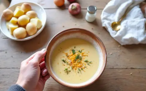 Bol de soupe crémeuse, garnie de fromage râpé et d'herbes. Une main tient le bol, à côté de pommes de terre et d'oignons. Le liquide de cuisson des pois chiches a servi de base.