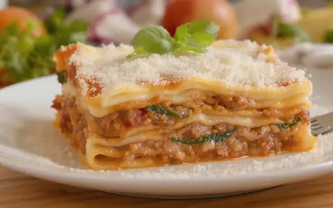 Une part généreuse de lasagne sans béchamel, avec sa garniture savoureuse et sa touche de crème fraîche, est saupoudrée de parmesan et décorée de basilic frais.