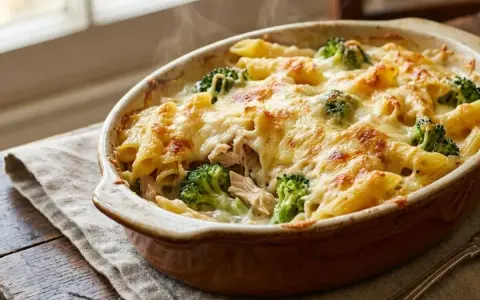 Un plat de cuisson gratin de pâtes fumant, garni de brocolis et de fromage doré, prêt à être dégusté.
