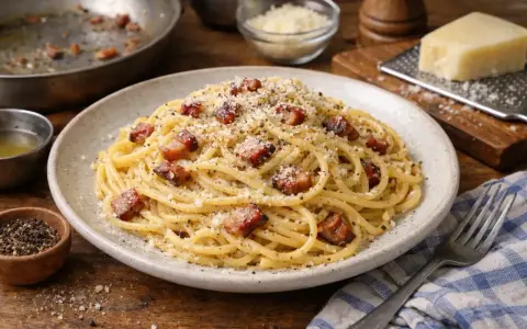Un plat de spaghetti carbonara, garni de lardons croustillants et de parmesan râpé. Une recette italienne authentique.