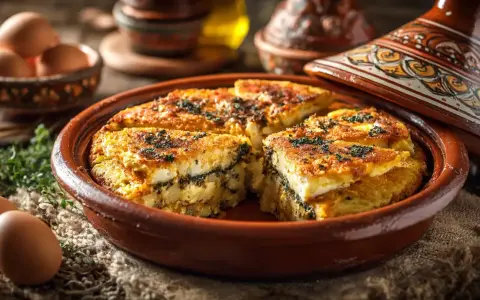 Un délicieux tajine tunisien aux couches savoureuses, servi dans un plat en terre cuite orné. Des œufs frais et des herbes complètent cette scène culinaire.