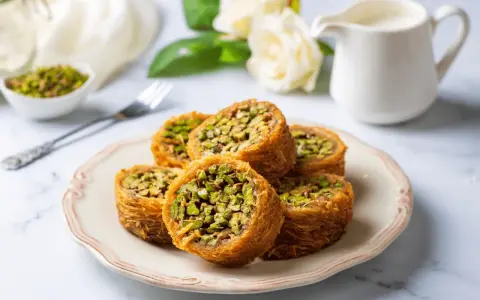Des rouleaux dorés de kadaif, c'est quoi ? Une pâtisserie croustillante aux pistaches, servie sur une assiette avec des roses en arrière-plan.