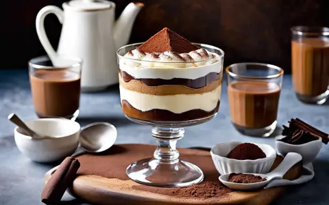 Un délicieux tiramisu en verrine, garni de cacao. Le biscuit pour tiramisu est trempé dans le café, créant des couches gourmandes.