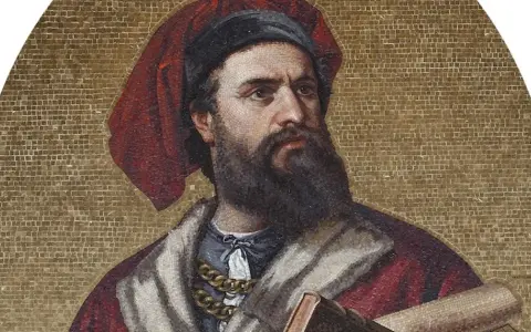 Mosaïque de Marco Polo, explorateur légendaire qui aurait rapporté les pâtes en Italie.