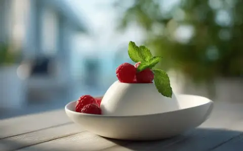 Délicieuse panna cotta blanche, garnie de framboises fraîches et d'une feuille de menthe, sur une table en bois.