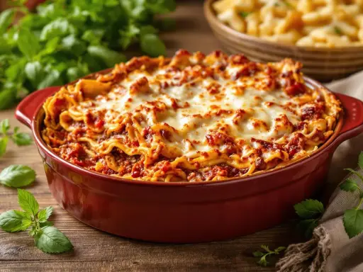 Un plat de lasagne gratinée, parfait pour 8 personnes, avec des feuilles de basilic frais.