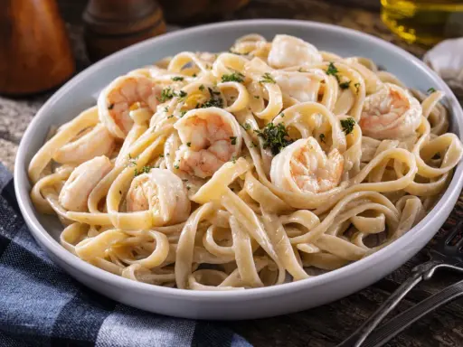 Délicieuses pâtes aux crevettes, une recette italienne crémeuse et savoureuse, garnie de persil frais.