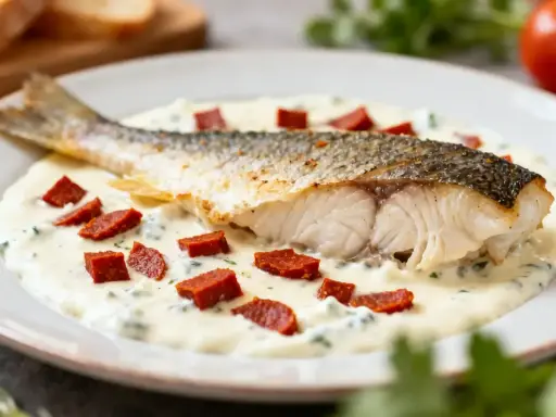 Dos de cabillaud nacré, sauce crémeuse, dés de chorizo et herbes sur une assiette blanche.