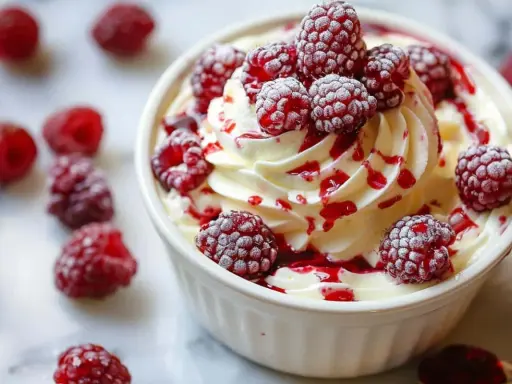 Un déliceux mousse mascarpone garni de framboises fraîches et d'un coulis rouge.
