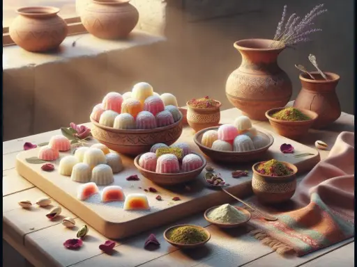 Douceurs colorées, idéales pour une loukoum recette. Pistaches, pétales de rose et poteries d'argile complètent cette scène gourmande.