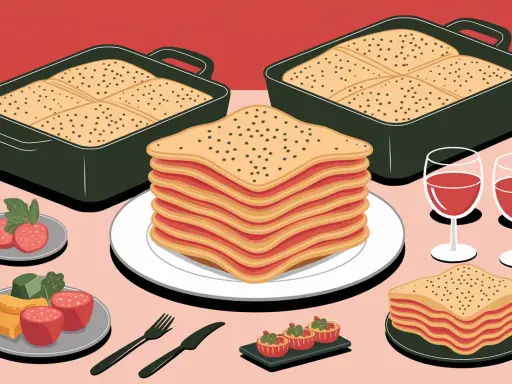 Que faire avec 4 feuilles de lasagne ? Une pile de lasagnes appétissantes, deux plats au four, des amuse-bouches et du vin rouge.