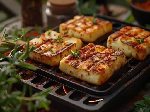 Halloumi grillé, parsemé d'épices, sur une grille avec des flammes en dessous. Un délice croustillant, parfait pour l'air fryer.