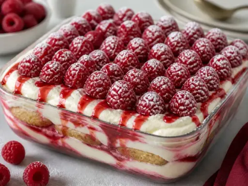 Un délicieux tiramisu framboise, garni de fruits rouges frais et saupoudré de sucre glace. Un dessert fruité et gourmand.