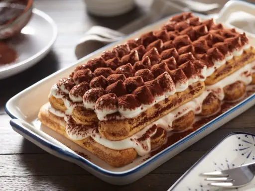 Un délicieux tiramisu, un dessert italien parfait pour un boudoir gourmand, est présenté dans un plat rectangulaire, saupoudré de cacao.