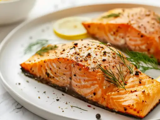 Deux pavés de saumon au four, assaisonnés de poivre et d'aneth, servis avec des tranches de citron sur une assiette blanche.