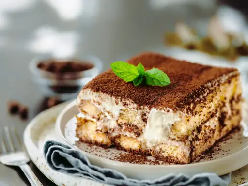 Un délicieux tiramisu anniversaire, saupoudré de cacao et garni d'une feuille de menthe fraîche, prêt à être dégusté.