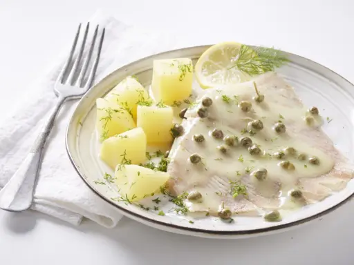 Une aile de raie nappée d'une sauce crémeuse aux câpres, accompagnée de pommes de terre et d'une tranche de citron.